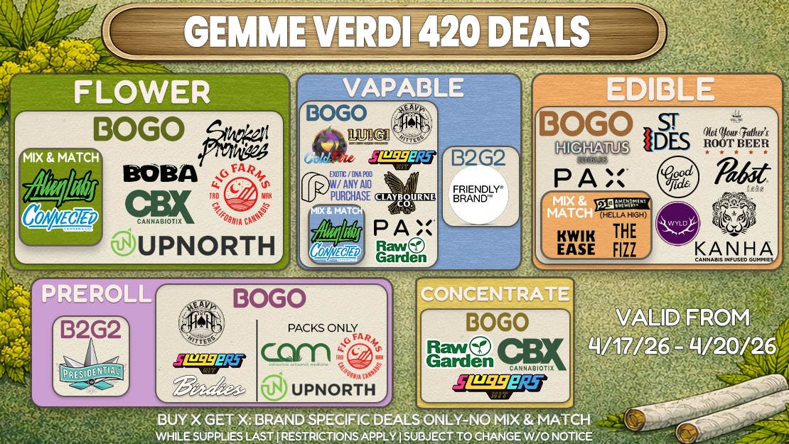 420 deals San Francisco — Gemme Verdi dispensary North Beach buy one get one flower vapes edibles pre-rolls