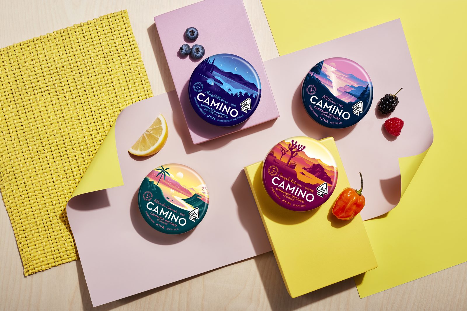 Camino gummy tins lineup at Gemme Verdi: Midnight Blueberry, Wild Berry, Wild Cherry, and Pineapple Habanero with their flavor cues
