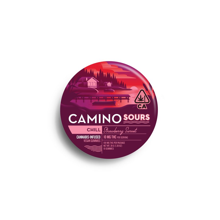 Camino Sours Strawberry Sunset gummies tin