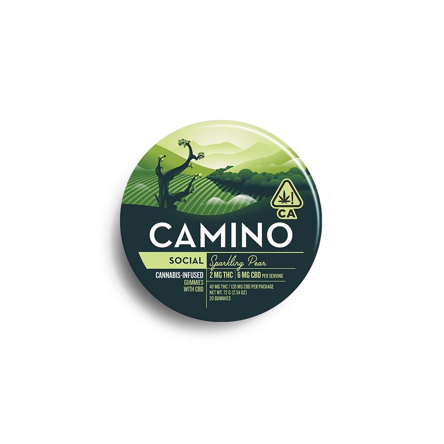 Camino Sparkling Pear Social gummies tin, 1:3 THC to CBD