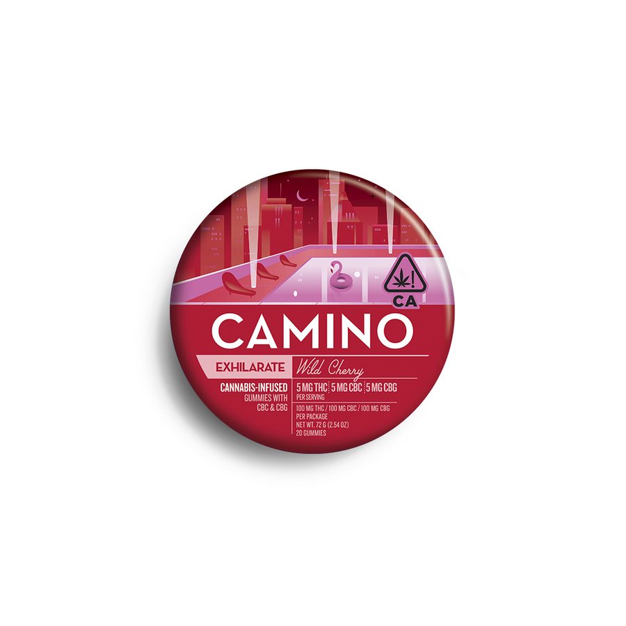 Camino Wild Cherry Exhilarate gummies tin